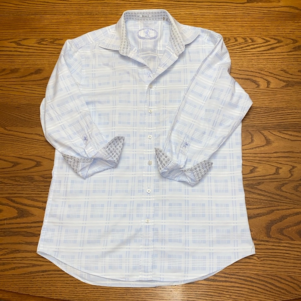 Bugatchi Blue & White Plaid Button Front Dress Shirt Men's L Large - Picture 3 of 10